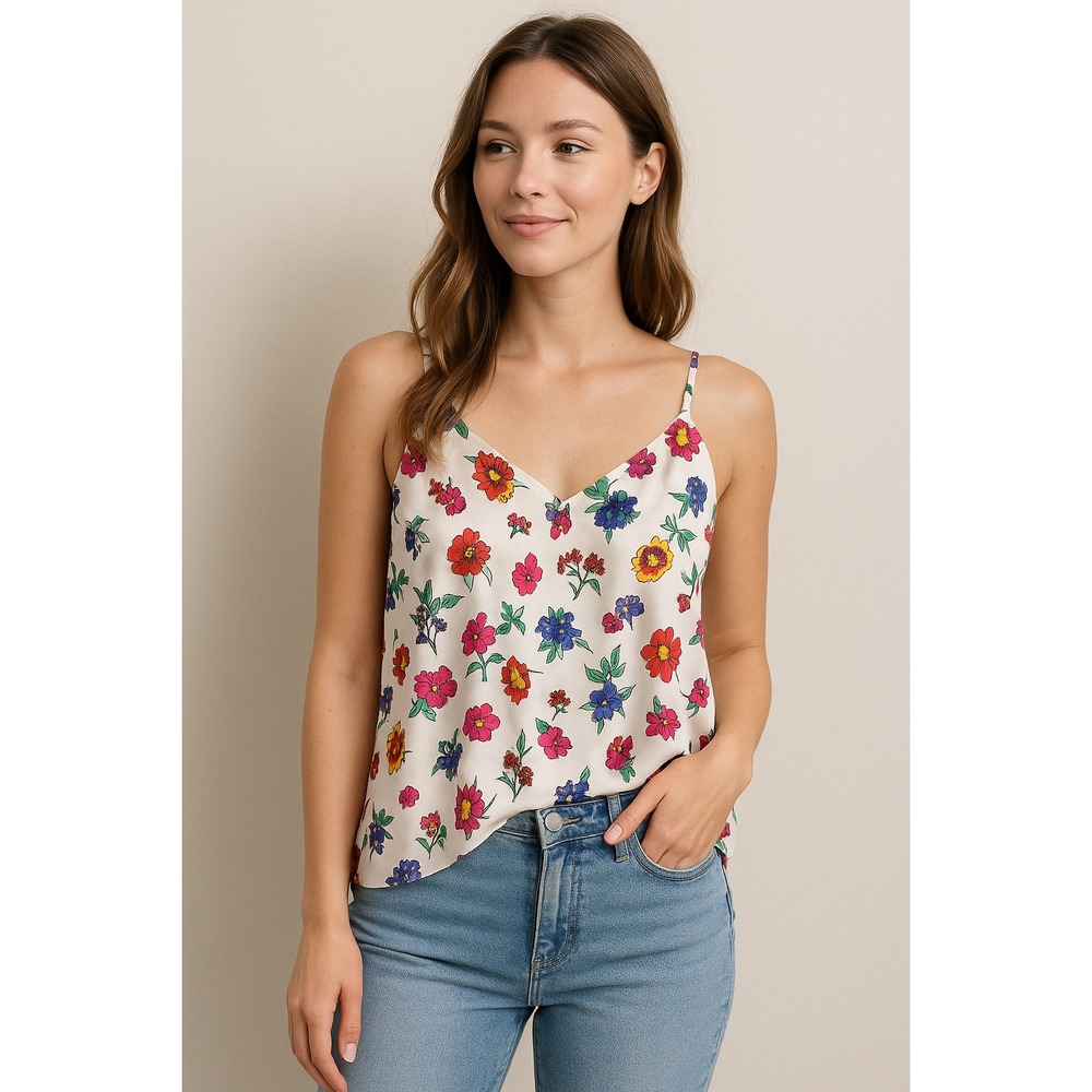 Womens Satin Floral Cami Tank‎ Top Size M Spaghetti Straps V Neck Y2K Whimsygoth